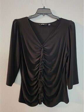 Dennis by Dennis Basso Black Ruffle Front V-Neck Top XL